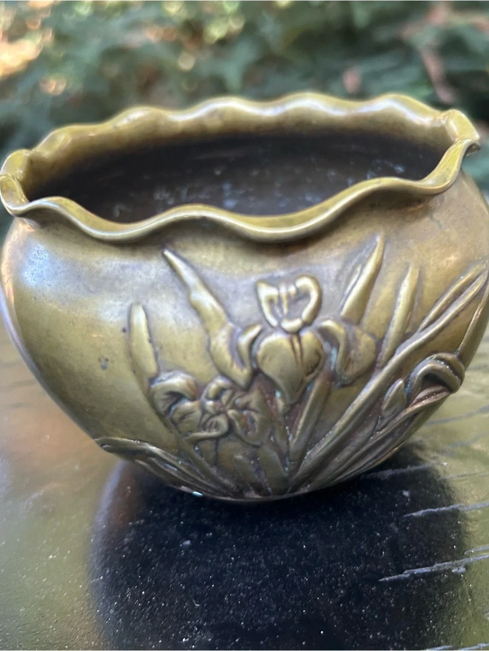 vintage antique bronze jardinière or planter features a charming scalloped rim